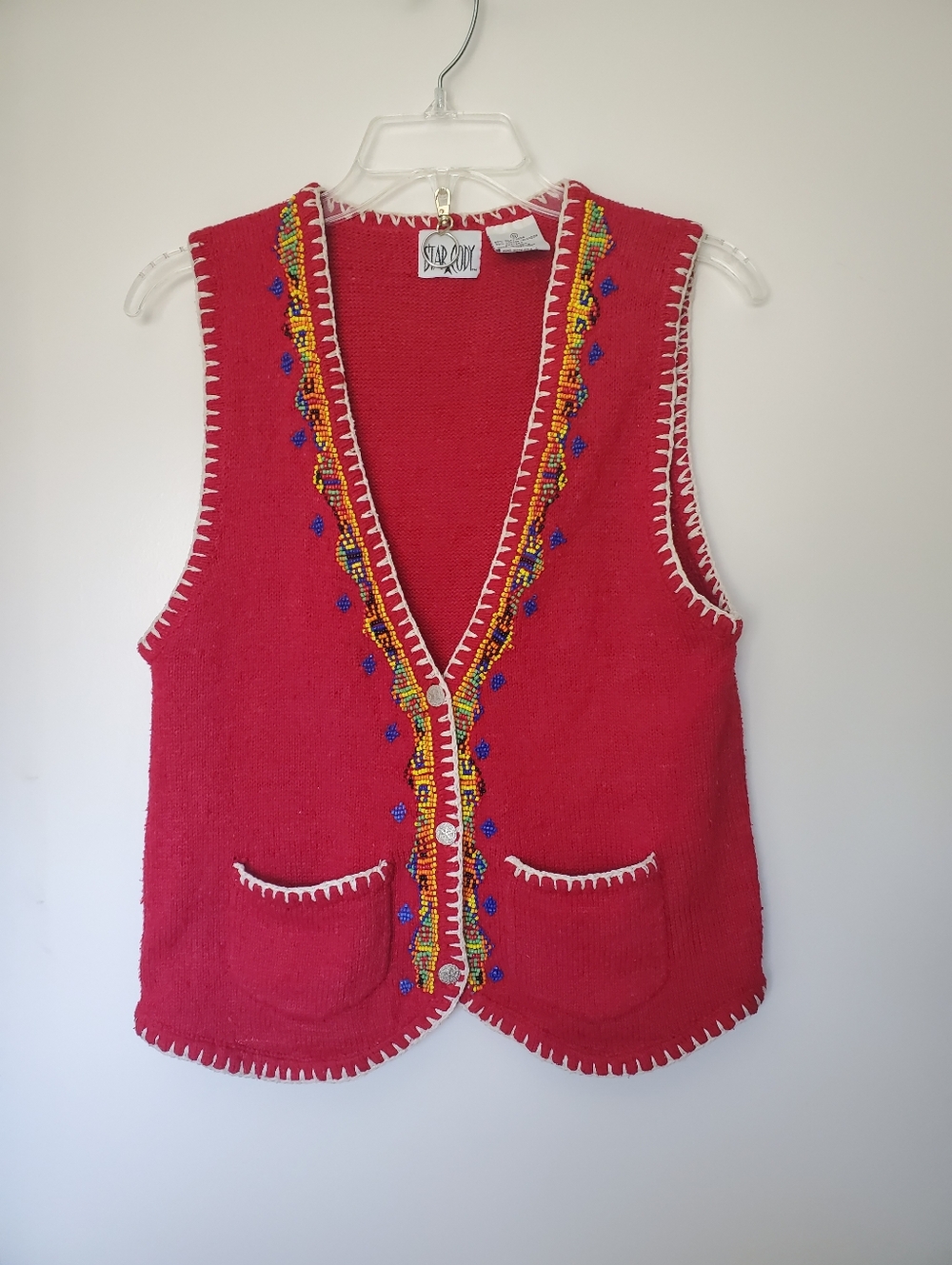 Vtg Star Cody Silk Blend Native Western Y2K Red Beaded Sweater Button Vest Sz S